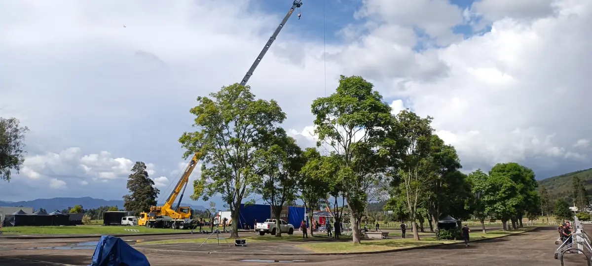 Grúa extendida sobre los árboles en una locación de rodaje
